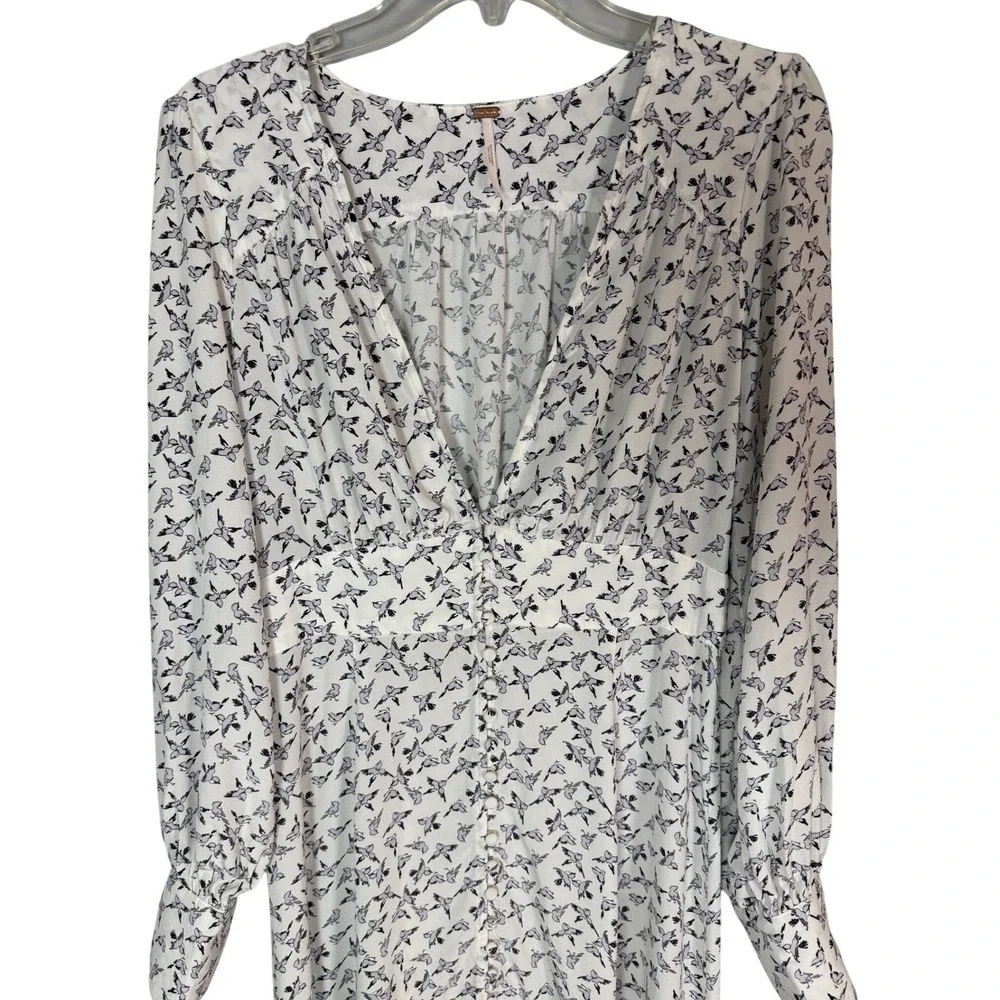 FREE PEOPLE Walk Me Home Maxi Dress, Black Bird Print, Button Down, Size 4